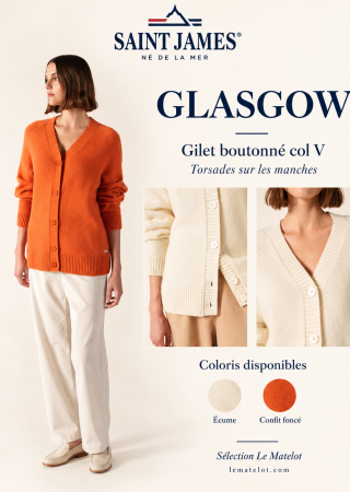GLASGOW Gilet boutonné col V avec torsades sur les manches|Saint James
