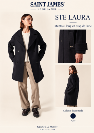 STE LAURA Manteau long en drap de laine martingale au dos |Saint James