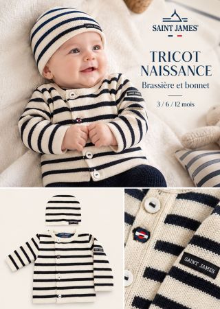 TRICOT NAISSANCE  Brassière et bonnet naissance rayé, en laine mélangée |Saint James