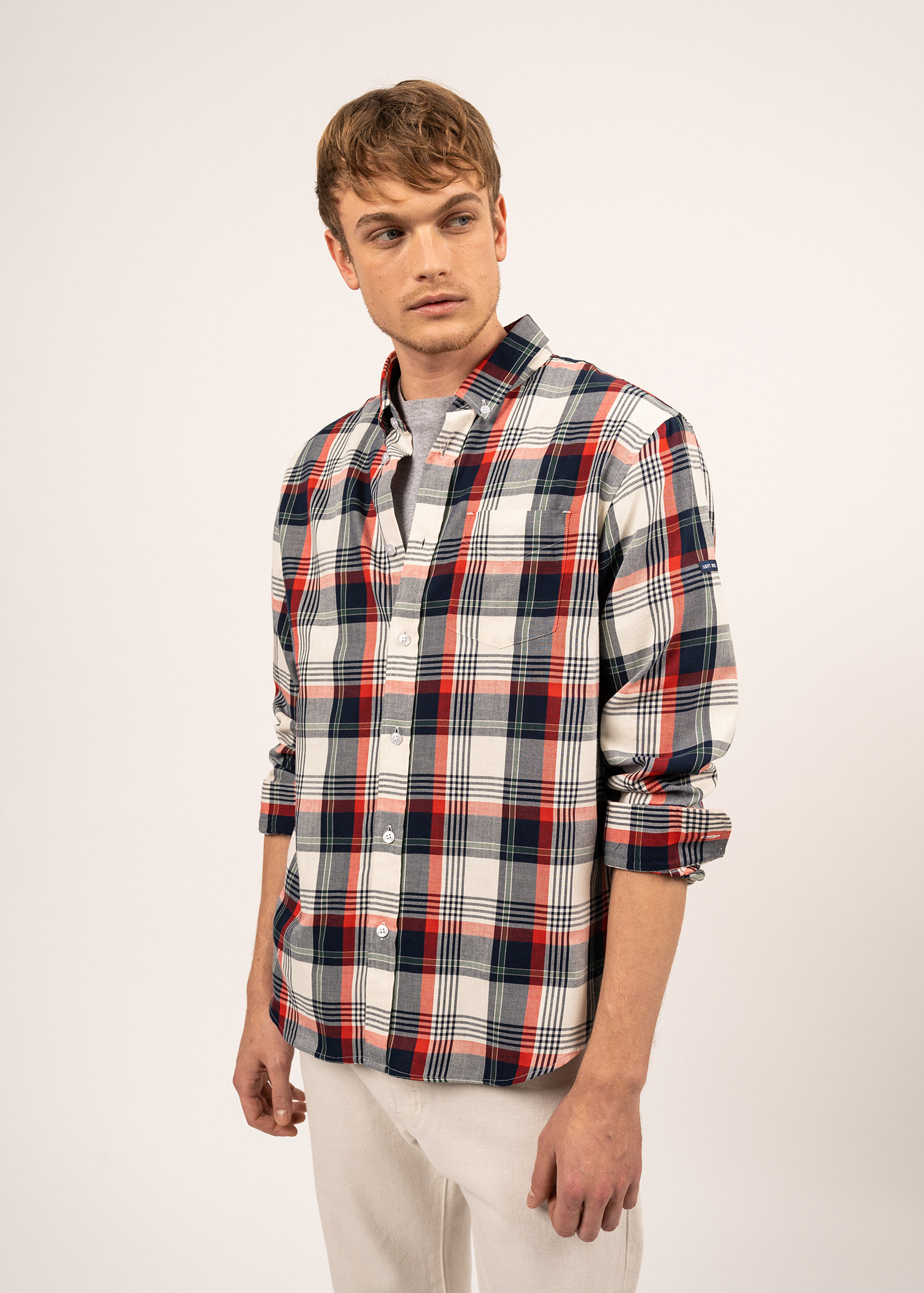 Chemise boutonnée à carreaux, coudières en daim (taille Small