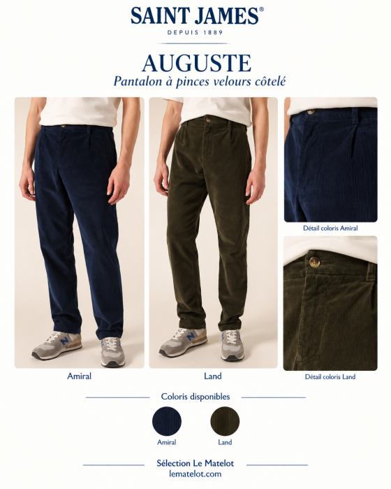 Saint James – Pantalon homme AUGUSTE à pinces en velours côtelé