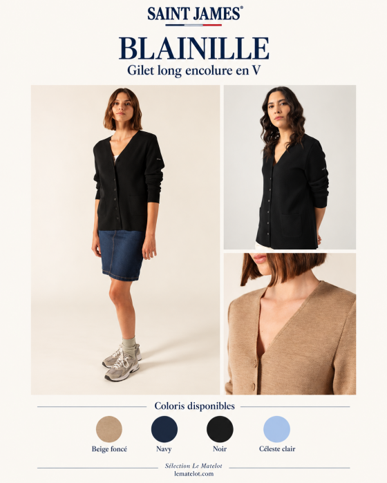 Saint James – BLAINVILLE gilet long femme col V avec poches