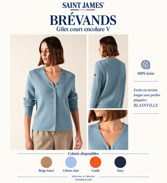 Saint James – BRÉVANDS gilet court femme col V 100% laine